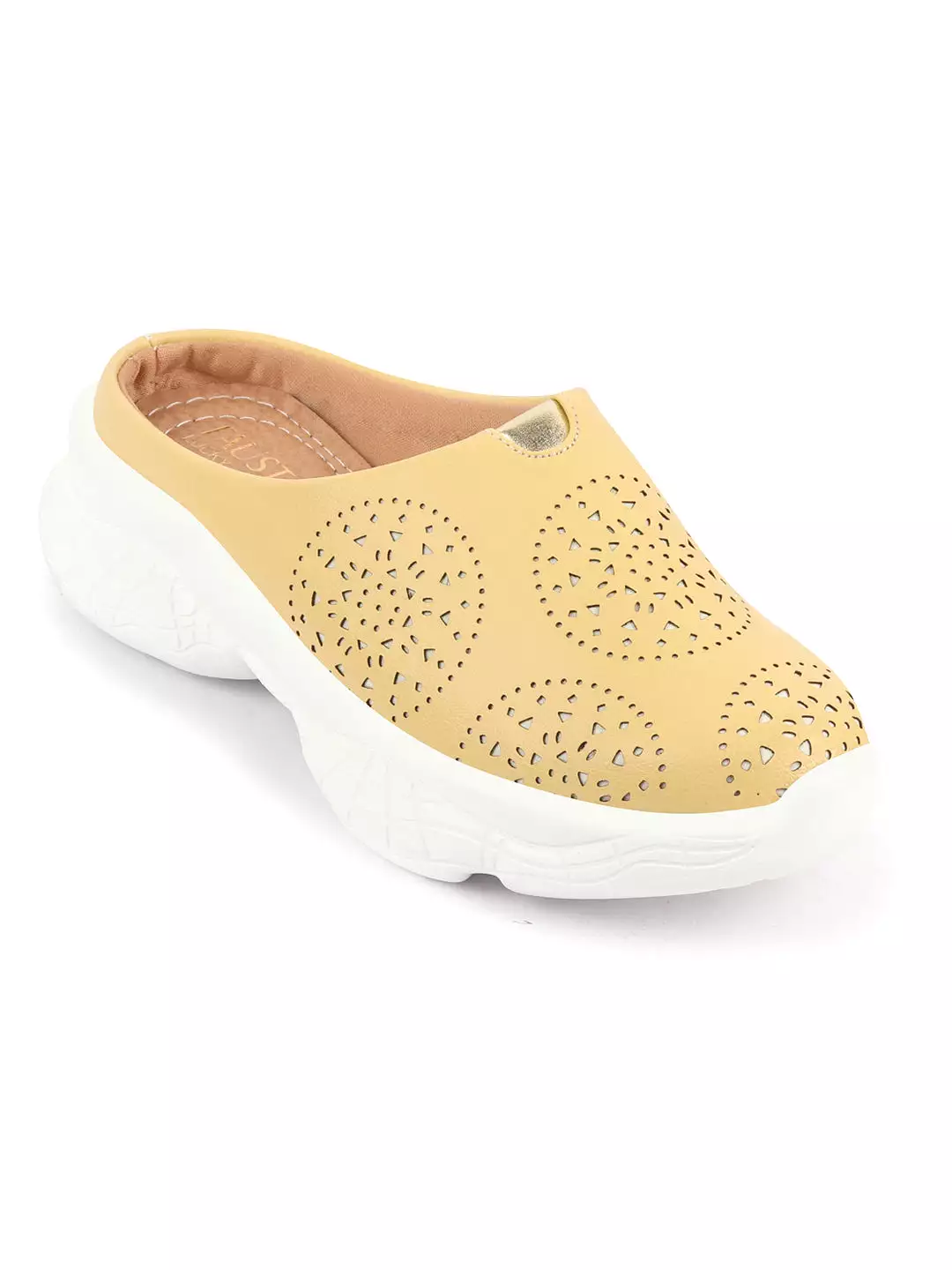 Women Yellow Laser Cut Design Back Open Slip On Mules Shoes