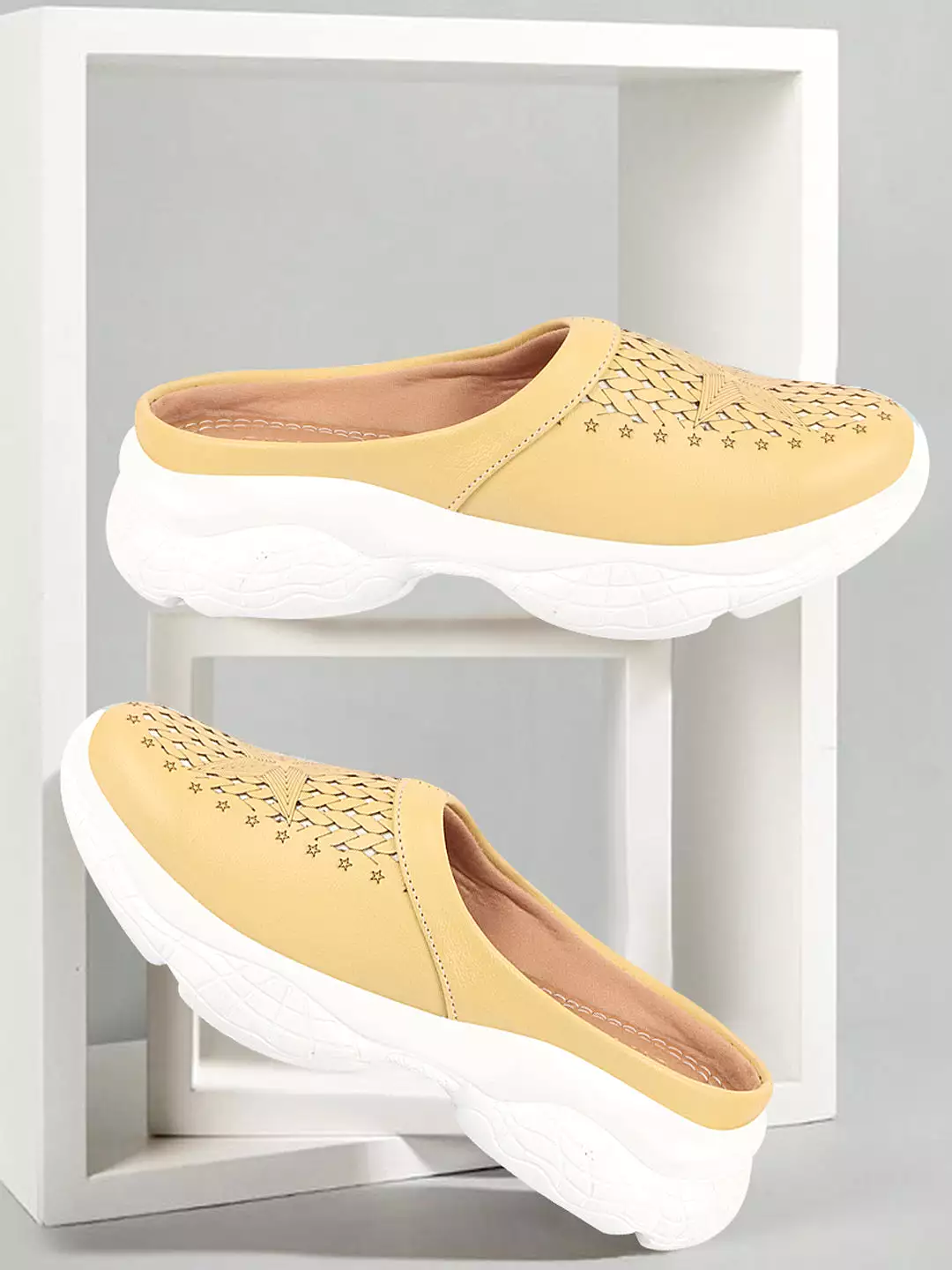 Women Yellow Laser Cut Design Stitched Back Open Slip-On Mules Shoes