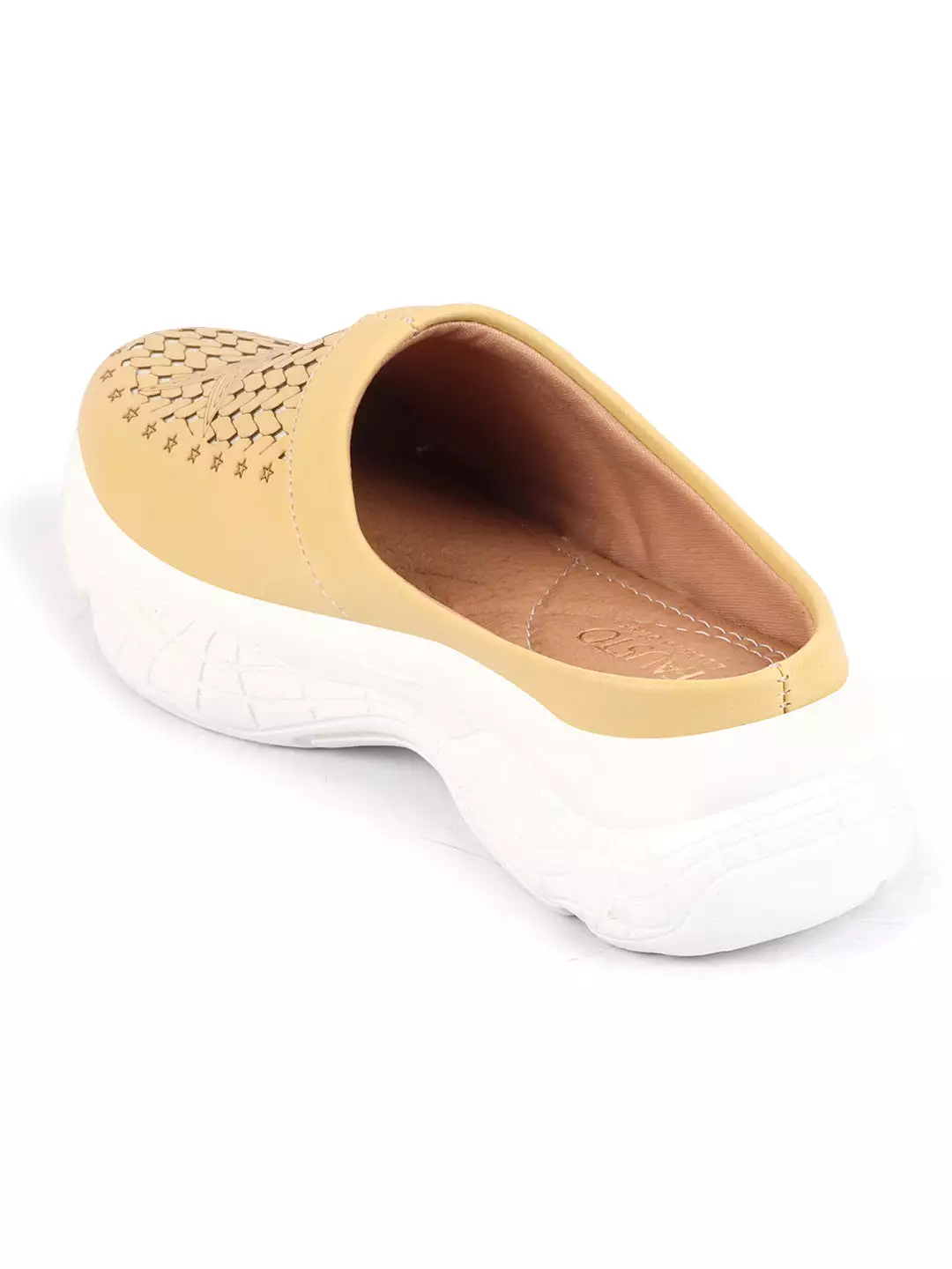 Women Yellow Laser Cut Design Stitched Back Open Slip-On Mules Shoes