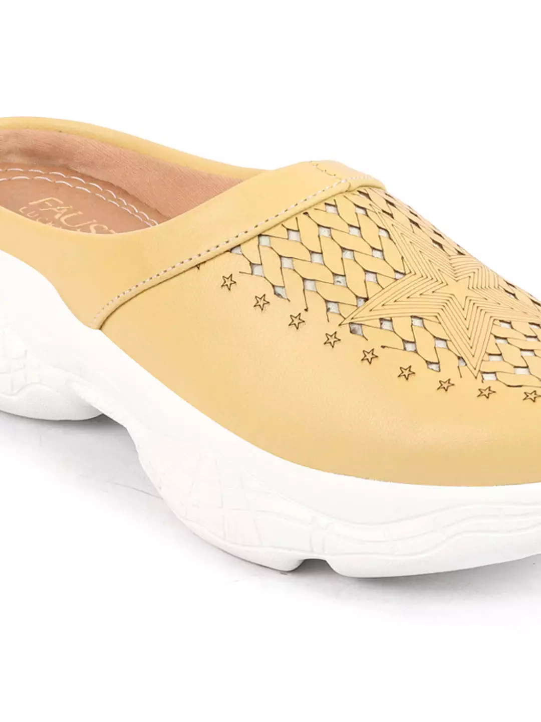 Women Yellow Laser Cut Design Stitched Back Open Slip-On Mules Shoes