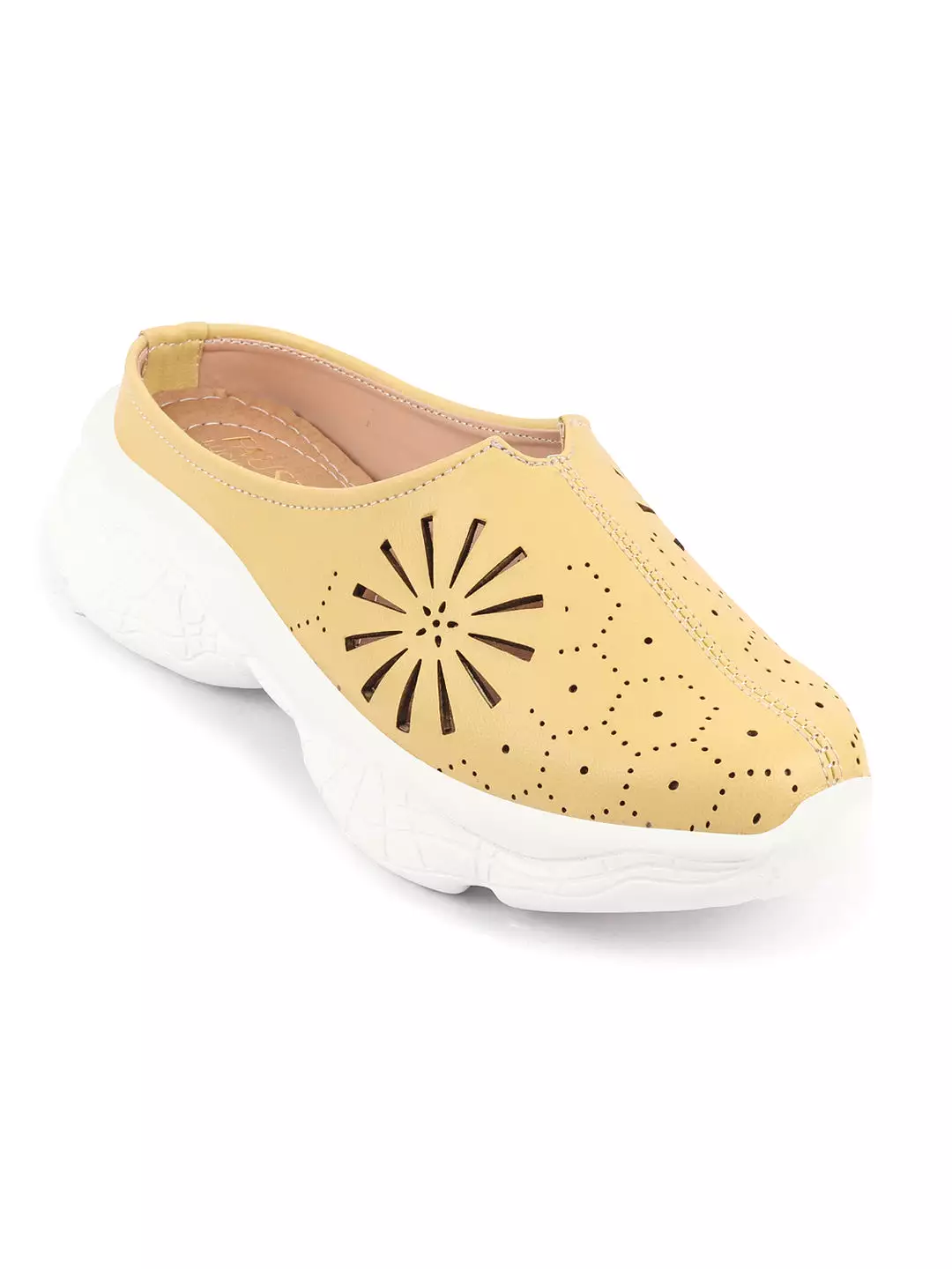 Women Yellow Laser Cut Design Stitched Breathable Back Open Slip On Mules Shoes