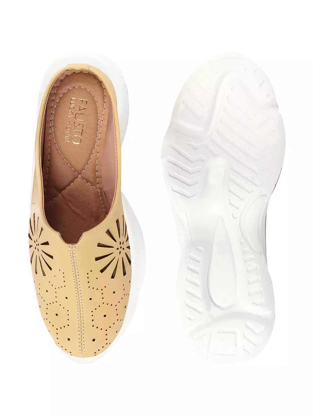 Women Yellow Laser Cut Design Stitched Breathable Back Open Slip On Mules Shoes