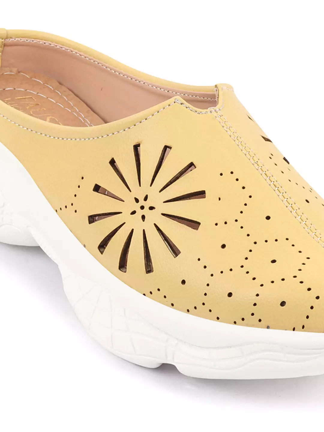 Women Yellow Laser Cut Design Stitched Breathable Back Open Slip On Mules Shoes