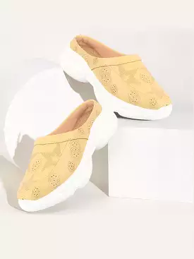 Women Yellow Laser Cut Star Design Back Open Slip-On Mules Shoes