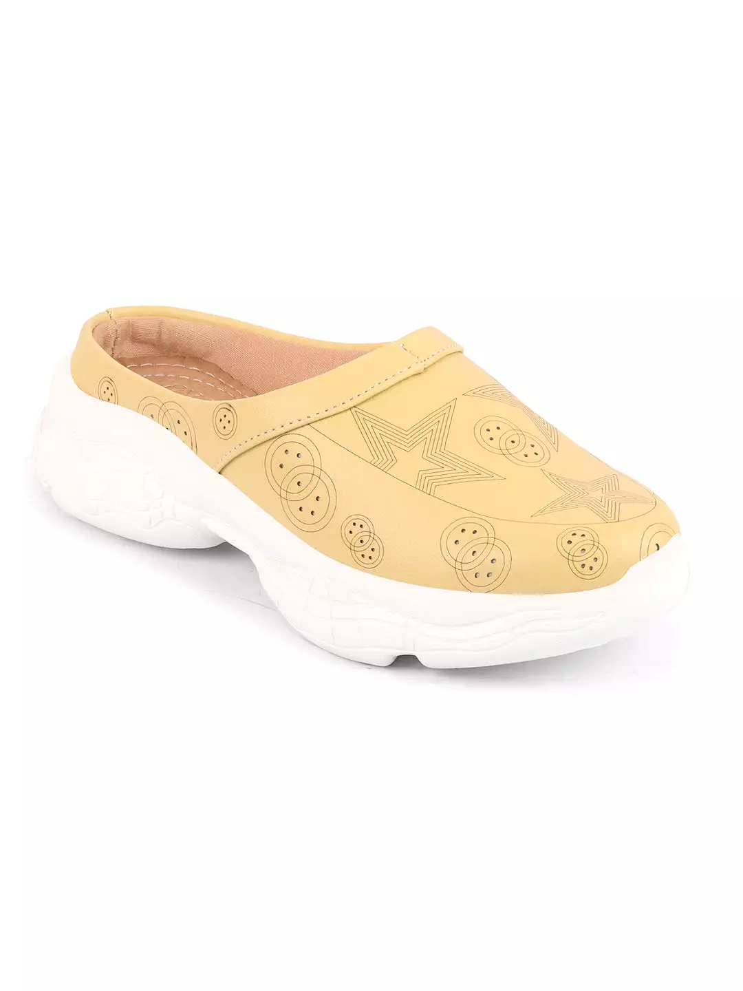 Women Yellow Laser Cut Star Design Back Open Slip-On Mules Shoes