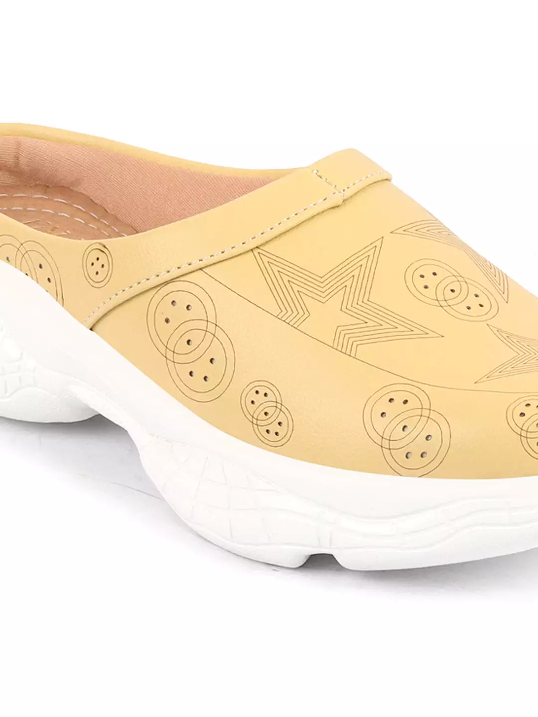 Women Yellow Laser Cut Star Design Back Open Slip-On Mules Shoes