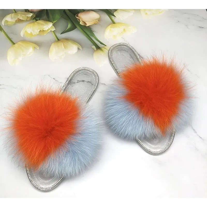 Women's Real Fluffy Fur Transparent Jelly Slides Flip Flop House Slippers