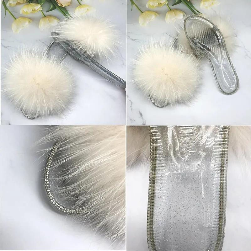 Women's Real Fluffy Fur Transparent Jelly Slides Flip Flop House Slippers