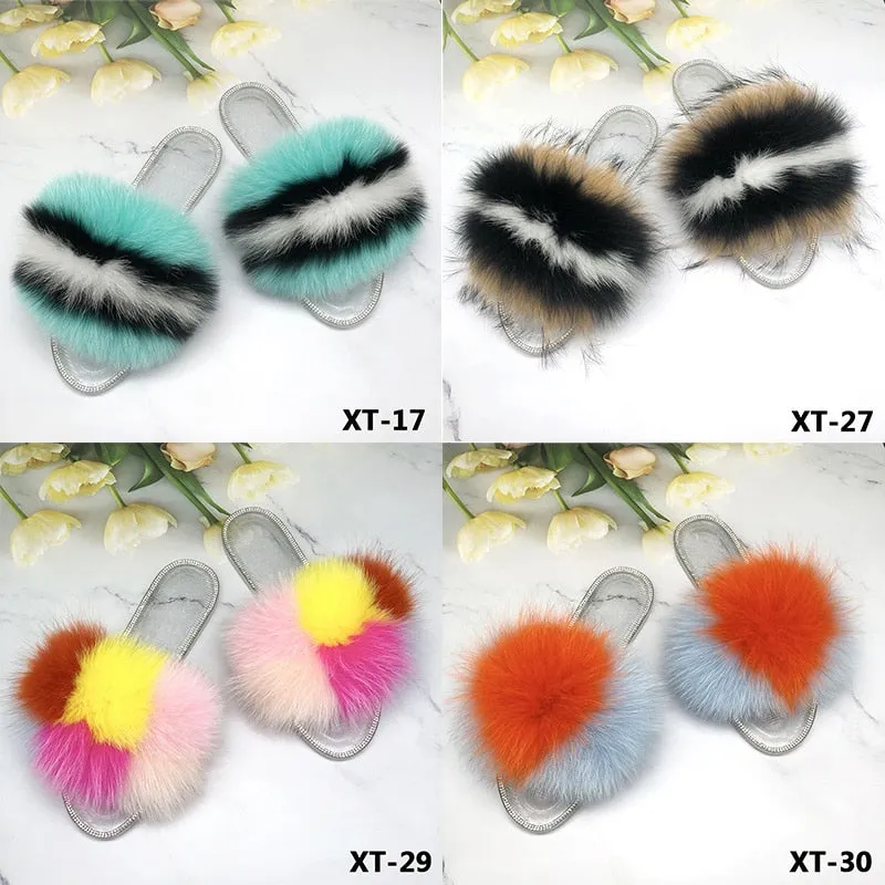 Women's Real Fluffy Fur Transparent Jelly Slides Flip Flop House Slippers