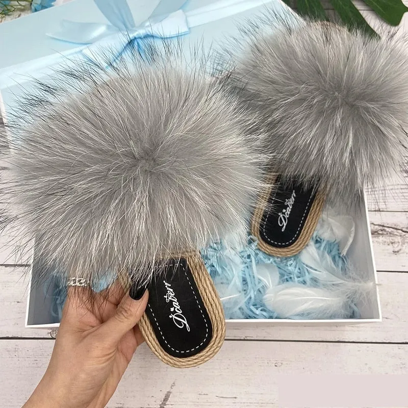 Women's Summer Natural Fox Fur Fluffy Flip Flop House Slippers