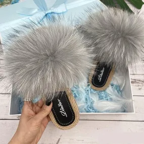 Women's Summer Natural Fox Fur Fluffy Flip Flop House Slippers