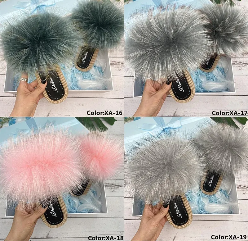 Women's Summer Natural Fox Fur Fluffy Flip Flop House Slippers