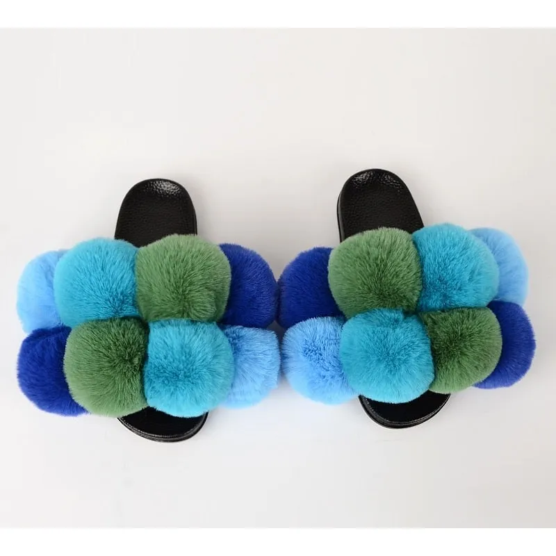 Women's Summer Synthetic Fur Fluffy Slides Flip Flop Indoor Big Flat Slippers