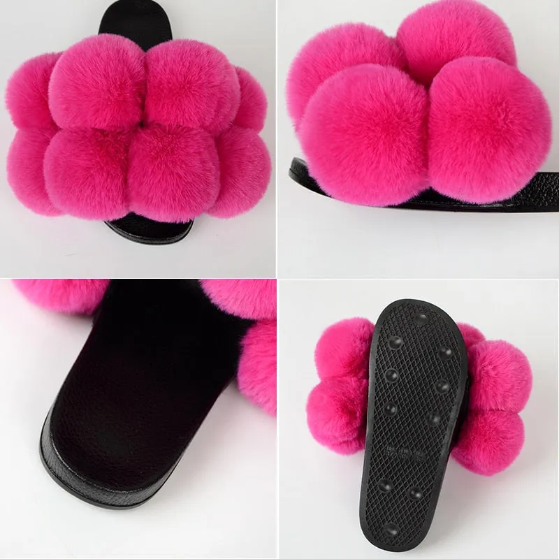 Women's Summer Synthetic Fur Fluffy Slides Flip Flop Indoor Big Flat Slippers