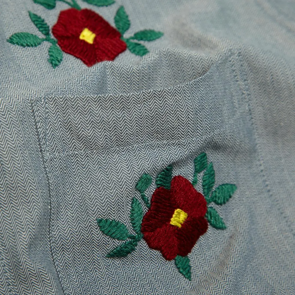 YMC Embroidered Flower ShirtBlue