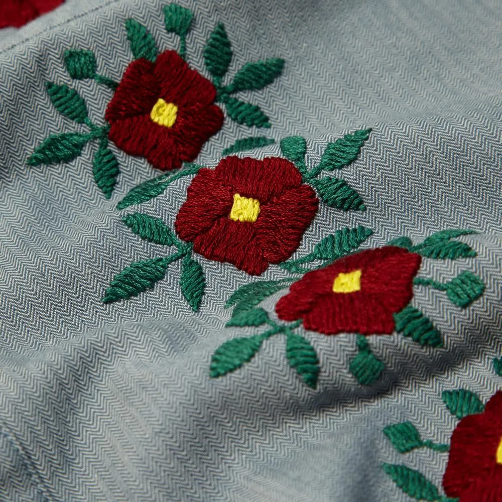 YMC Embroidered Flower ShirtBlue